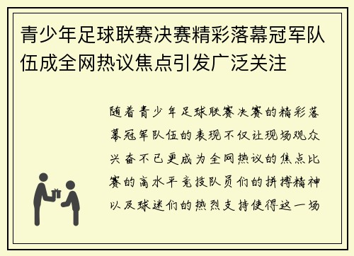 青少年足球联赛决赛精彩落幕冠军队伍成全网热议焦点引发广泛关注