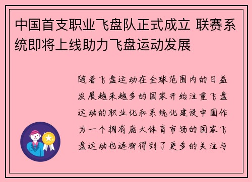 中国首支职业飞盘队正式成立 联赛系统即将上线助力飞盘运动发展